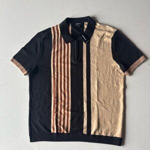 NWT Express Men's Short Sleeve Sweater Polo Zip 1/4 Brown Black Striped Large